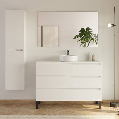 Meuble de salle de bain 120cm avec plateau et vasque ronde Ares - 3 tiroirs et colonne de rangement - blanc mat - MATA