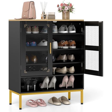 COSTWAY Scarpiera a 5 Livelli, Armadio Porta Scarpe con Porte in Rete, Ripiani Regolabili e Gambe in Metallo Per Ingresso, Corridoio, Armadio e Soggiorno (Nero,70x35x93 cm) (1/5)