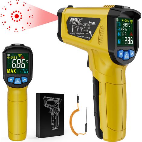Pistolet Thermomètre Infrarouge Laser Sans Contact -58°F à 1472°F Pyromètre Numérique avec Sonde & Mesure d’Humidité Émissivité Réglable Cuisine, Grill, Moteur, CVC (1/4)