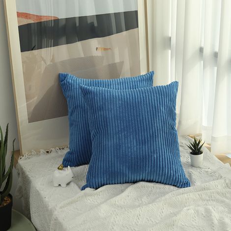 (Bleu) Housse de Coussin lot de 2 housse de coussin en velours 45x45 cm, housse de coussin de canapé en velours côtelé (1/5)