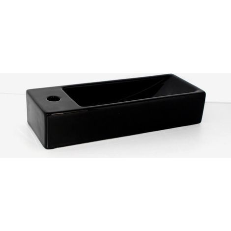Rue Du Bain – Lave main rectangulaire céramique noire 38x15 cm – Vasque à poser ou suspendre – Plage de robinetterie percée à gauche – Sans trop plein (1/4)
