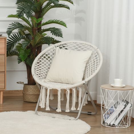 Sedia da giardino rotonda Outsunny Loveuse, sedia papasan pieghevole a forma di luna, alto comfort, macramè, cotone poliestere, beige