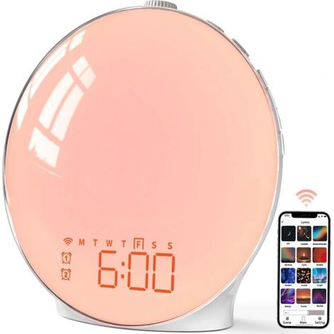 Lampe de réveil colorée, simule le lever et le coucher du soleil, lumière d'ambiance RGB, lampe de chevet multi-usages, veilleuse à bruit blanc pour favoriser l'endormissement