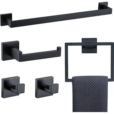 Ensemble d'accessoires de salle de bain 5 pièces en acier inoxydable noir mat et or brossé , porte-serviettes et 2 crochets pour serviettes , fixation murale en acier inoxydable (noir) (1/5)
