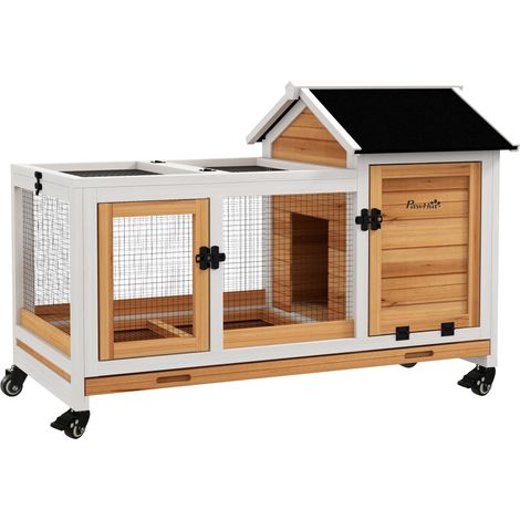 Jaula de madera para conejos enanos y cobayas con ruedas 108 x 58 x 73,5 cm amarilla MODENUIT (1/4)