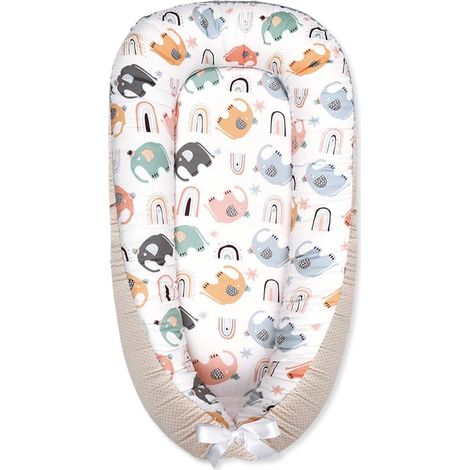 Portable Baby Cot Reducer, Cocoon Newborn Soft Breathable Travel Moses Basket with 100% Cotton Reversible Washable Cover, 88 x 53 cm (Colourful Elephant) (1/5)