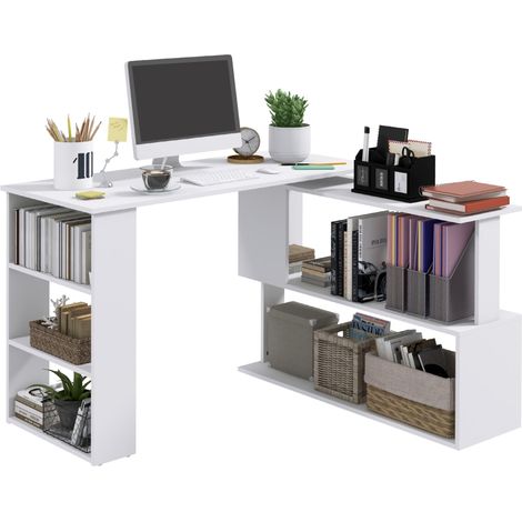 Corner Computer Desk, L Shaped Desk with 360° Rotating Bookshelf, 120L x 110W x 74.5H cm, White (1/5)