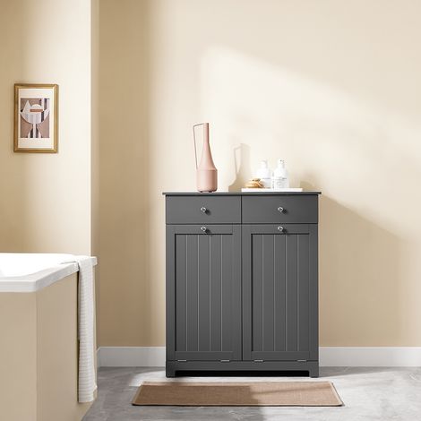 SoBuy Badmöbel mit Wäschekorb – Toilettenarmoire, Unterschrank mit 2 Schubladen und großer Kapazität für Wäschesäcke, Regalmöbel, Wäschekasten, Grau, L78xP38xH90cm, BZR33-II-DG