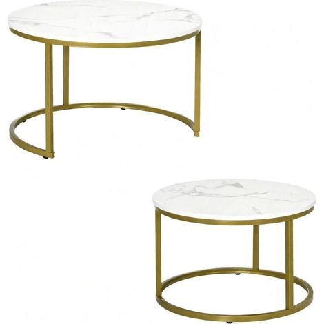 Lot de 2 tables basses gigognes rondes, plateau effet marbre blanc, structure métal doré, idéales pour petit salon, chambre ou bureau, style moderne  CHICFURN (1/5)