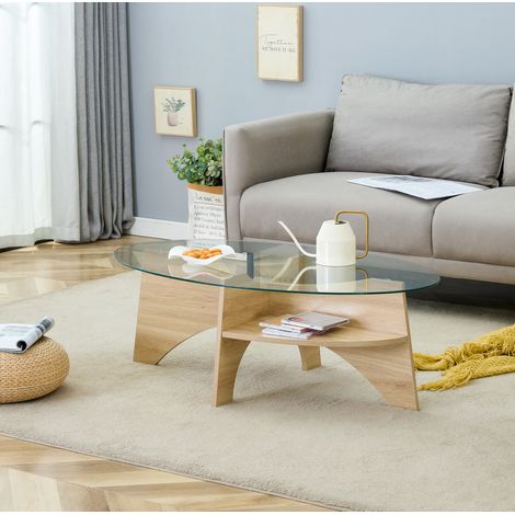Ovale Couchtisch 104,9 x 60 x 35,6 cm transparent mit Stauraum, MDF und Sicherheitsglas (1/5)