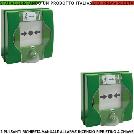 PULSANTI ROTTURA VETRO 2 PEZZI VERDI EMERGENZA INTERVENTO PER INCENDIO RIPRISTINO A CHIAVE SBLOCCA PORTE REI EN 54-11 CPD (1/4)