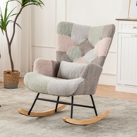 Bequemer bunter Schaukelstuhl, 93 cm hoch, Sitzbreite 43 cm – inklusive 1 Fußstütze (493837 cm) und 1 Lendenkissen, stabiles Gestell aus Gummibaumholz, mehrfarbiges Design, Loungesessel (1/5)