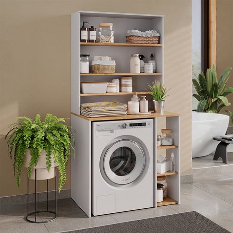 mobile per lavatrice Viktor, Bianco/Rovere artigianale, 93.6 x 88.2 cm 2 parti con ripiano, Vicco (1/5)