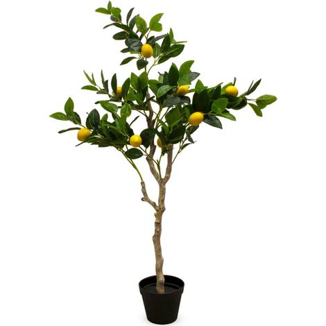 Plante verte artificielle citronnier en pot noir – Hauteur 118 cm – Largeur 40 cm – 10 citrons décoratifs – Réplique réaliste pour intérieur