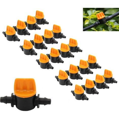 Valvole per irrigazione a goccia, confezione da 20 pezzi, 1/4 di pollice - Valvole di intercettazione per tubi di irrigazione - Adatte per giardini, serre e impianti di irrigazione. (1/5)