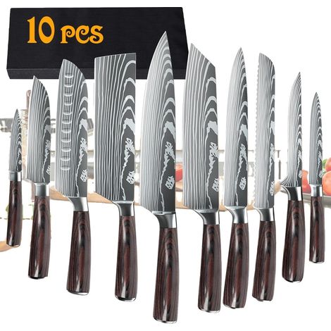 Ensemble de Couteaux de Cuisine 8 pièces, Ultra Tranchants en Acier Inoxydable à Haute Carbone, Poignée en Bois Ergonomique, Lames Anti-Corrosion, Motif Laser Damas (1/2)