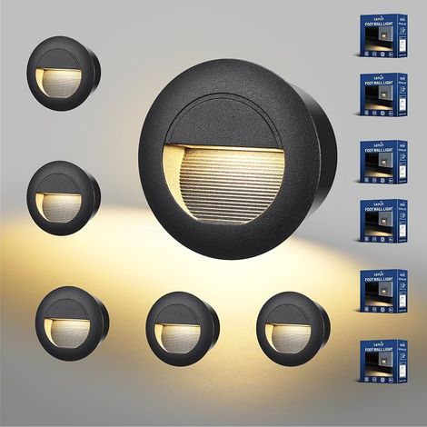 Eclairage D'escalier 5W 500lm 6-Pack, Luminaire LED 230V 3000K, Rond 85x85mm, IP65 Applique Encastrée, Luminaire D'escalier pour Escalier Mural, Douilles Encastrées 68mm, Aluminium Noir (1/5)