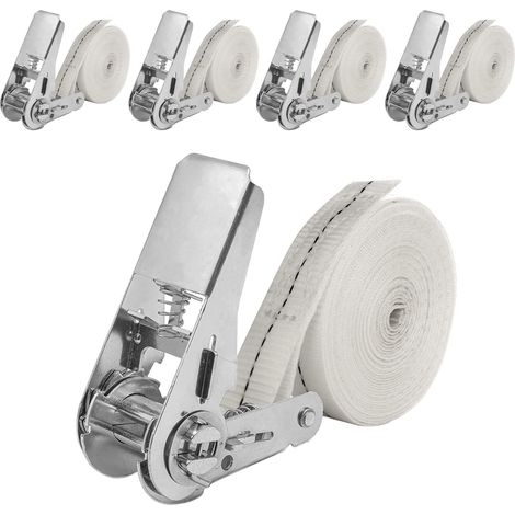 4 Pièces 6m Sangles d'Arrimage avec Cliquet, Sangles à Cliquet 25mm, Charge 800 kg, Sangles d'Arrimage pour Sécuriser la Charge, Blanc (1/5)