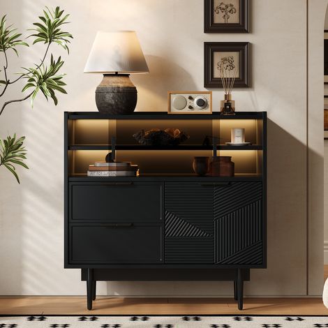 Mobile contenitore 80x35x80cm ante in vetro, Illuminazione LED regolabile, MDF, Nero, per corridoio e soggiorno (1/5)