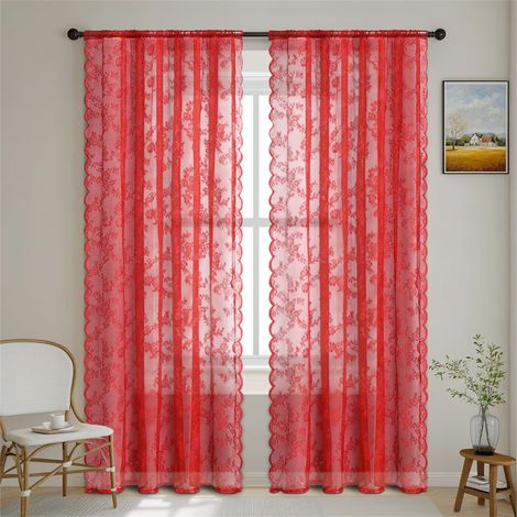 Rideaux en Voile à Dentelle Rouges 2 Pièces 100 × 200 cm, Rideau de Fenêtre Moderne, pour Salon Chambre Cuisine Décor (1/5)