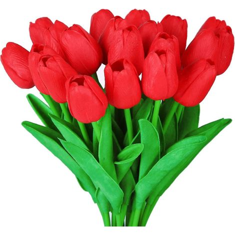 Bouquet de 10 tulipes artificielles réalistes au toucher doux, tiges vertes, fleurs jaunes et rouges, fausse plante décorative pour vase, maison et événement (1/5)
