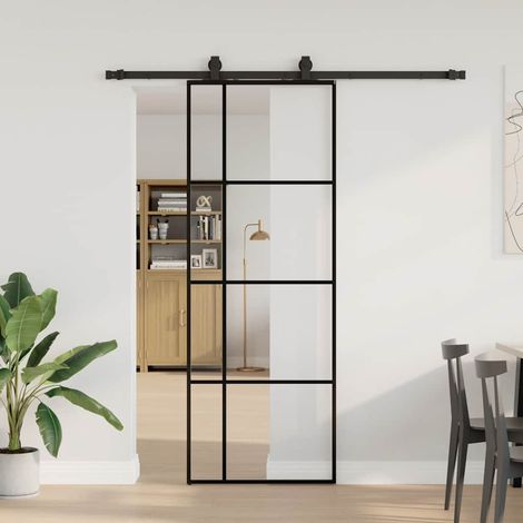Schiebetür mit Beschlag Schwarz 76x205 cm ESG-Glas