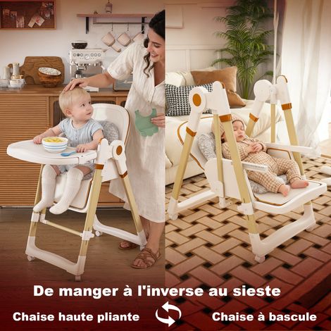 Chaise haute enfant 2-en-1 basculante, siège évolutif avec harnais 5 points, roulettes freinables, plateau amovible, repliable et hauteur ajustable, blanc (1/5)