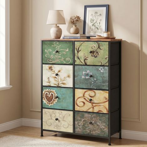 Cassettiera contenitore, 100x67.5x30 cm, con 8 cassetti in tessuto, struttura in metallo e piano in legno, stile retrò, multicolore (1/5)