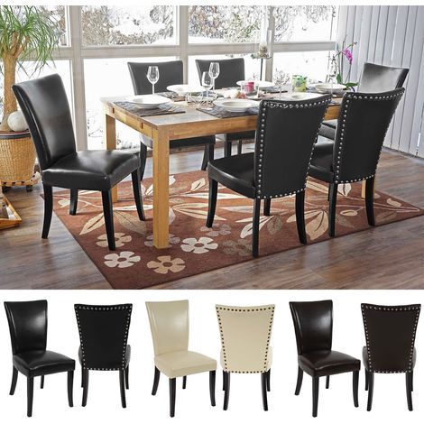 Lot de 6 chaises de salle à manger Chesterfield av rivets - similicuir brun foncé, pieds foncés (1/5)