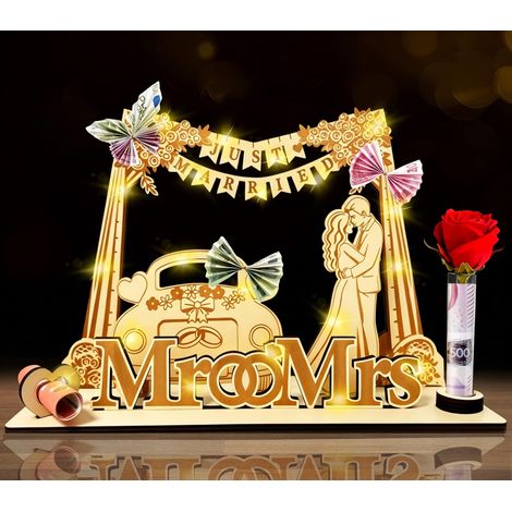 Cadeau d'argent de mariage en bois avec guirlande lumineuse LED, cadeaux de mariage pour couple de mariés, emballage argent, voiture de mariage et guirlande, cadeau romantique pour (1/5)