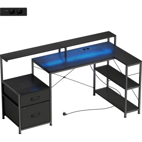 Bureau de jeu en L avec support double moniteur, LED, prises intégrées, 165x80x91,5 cm, finition bois noire (1/5)