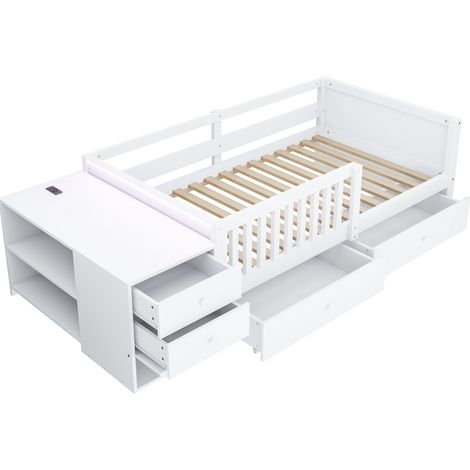 Letto a soppalco bambini 90 x 200 cm con scrivania, contenitore, LED, presa e sponde, bianco (1/5)