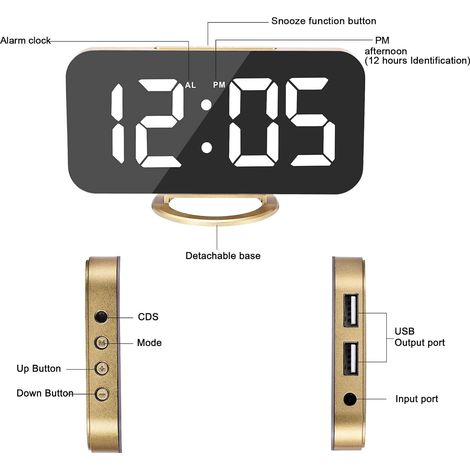 Horloge Numérique À Grand Écran - Réveil Electrique LED - Surface Miroir Pour Maquillage Avec Mode d'Intensité - 3 Niveaux De Luminosité (1/5)