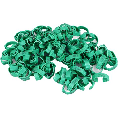100 anneaux de cuisse de poulet à clipser, en plastique robuste et coloré, numérotés, pour volailles (canards, oies, coqs de combat). 100 anneaux verts avec numéros. (1/5)