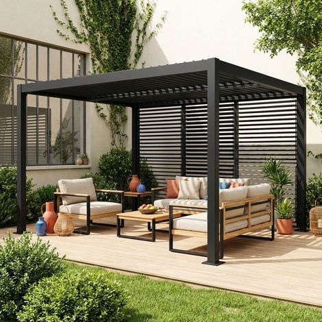Pergola bioclimatique aluminium et acier 4x3m + 3 persiennes 130cm à lames orientables anthracite Palace