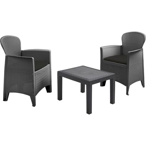 Ipae Progarden – Salon de jardin 2 fauteuils en polypropylène effet rotin – 1 table basse 59x46x40cm – Coussins inclus – Résistant aux intempéries (1/10)