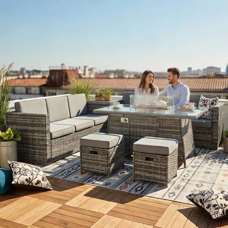 BIRCHTREE 8-Seater Rattan Furniture Set with Fire Pit Table and Side Table & Stool Grey