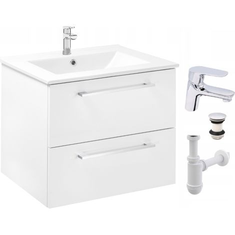 Badezimmer-Waschtisch mit Waschbecken – 60 x 47 cm – Hochglanzweiß – Schubladen – Chromarmatur