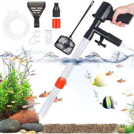 Aspirateur de Boues d'Aquarium, 5 in 1 Kit de Nettoyage de Gravier d'Aquarium, Nettoyeur de Gravier Changement d'eau Filtre Rapide Aquarium Changeur l'eau avec Bouton Pression d'air Grattoir en Verre (1/5)
