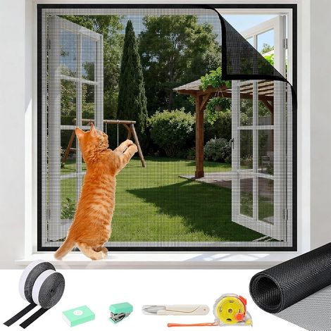 Filet anti-mouches pour chat - Protection de fenêtre - Sans perçage - Réglable - Avec ruban auto-adhésif, mètre ruban, ciseaux, agrafeuse (100 x 130 cm)