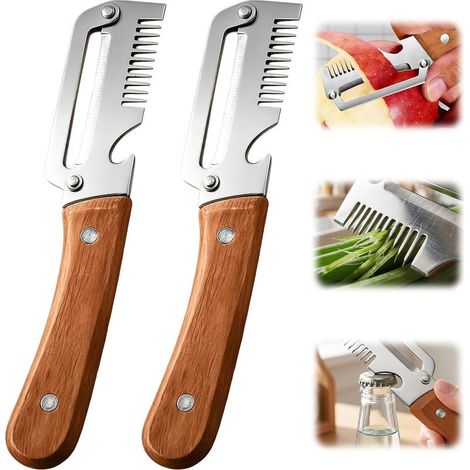 Éplucheur 3 en 1, Lame Large en Acier Inoxydable, Manche Bois, Ouvre-Bouteille, pour Fruits et Légumes (1/4)