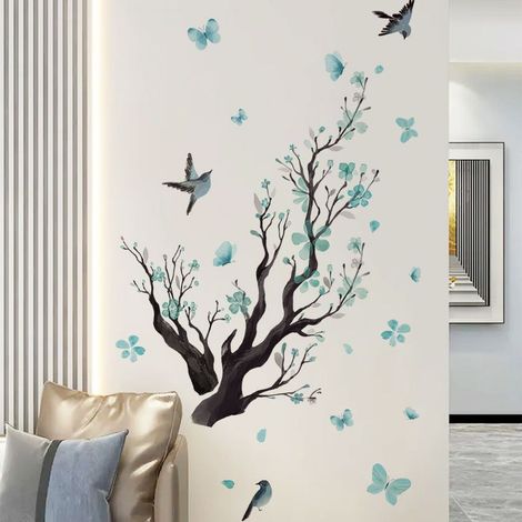 Stickers Muraux Branche de Fleur Autocollant Mural Fleurs Bleues Arbre Oiseaux Décoration Murale Enfants Chambre Salon (1/5)