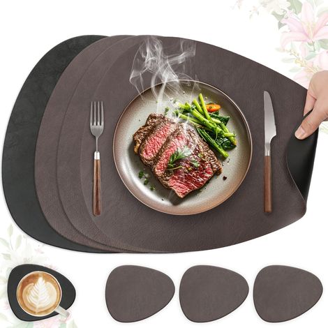 Set de table lavable antidérapant, lot de 4 en cuir PU double face, ovale 41x33cm (marron foncé + noir). (1/5)