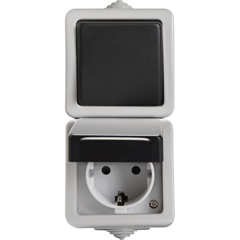 Interrupteur 1 Va-et-vient + Prise Schuko – Vertical – IP54 – Gris – Sécurité Enfant