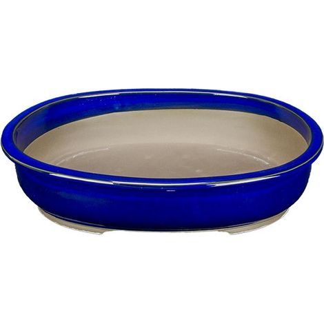 Vaso per bonsai Giapponese Morrisan ovale in gres smaltato blu 38x31x7,5 cm - B22-37a