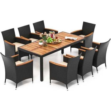 Salon de jardin 9 pièces pour 8 personnes, table en bois d'acacia et chaises en rotin pour repas en extérieur (1/5)