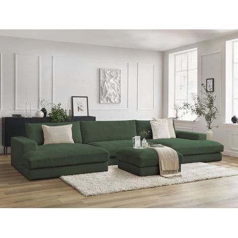 BOBOCHIC - Canapé panoramique fixe LEONARD velours côtelé avec pouf   Vert foncé (1/5)