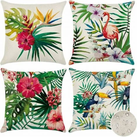 Outdoor Cushion Cover, Set of 4 Waterproof Tropical Plants, Flowers, and Birds Pattern Sofa Pillowcase for Patio, Garden, Living Room, Bedroom Decoration, 45x45cm (1/5)