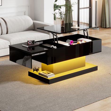 Mesa de centro LED elevable 100 x 50 x 45 cm con almacenaje, tablero deslizante, negro DESVIAE (1/5)