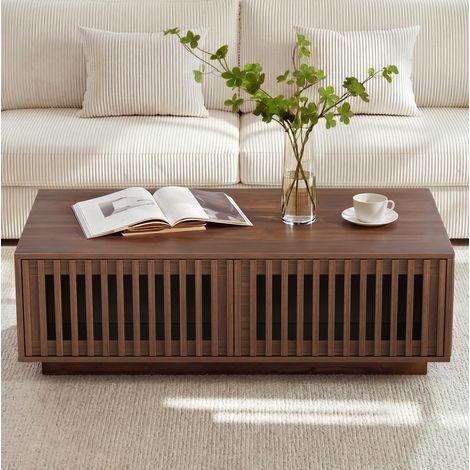 Tavolino da caffè 100x50x35 cm noce, 2 porte, contenitore, MDF e pannelli in legno MEUBLIV (1/5)